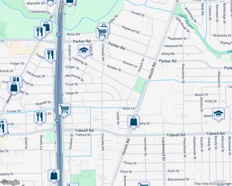 map of restaurants, bars, coffee shops, grocery stores, and more near 4127 Trout Street in Houston