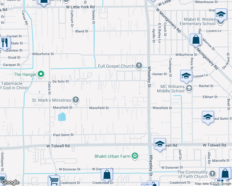 map of restaurants, bars, coffee shops, grocery stores, and more near 6011 Maxroy Street in Houston