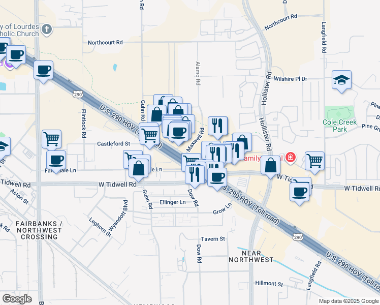 map of restaurants, bars, coffee shops, grocery stores, and more near 13494 Northwest Freeway in Houston
