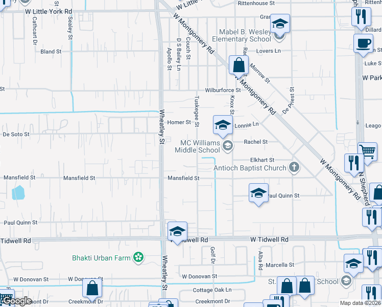 map of restaurants, bars, coffee shops, grocery stores, and more near 5941 Tuskegee Street in Houston