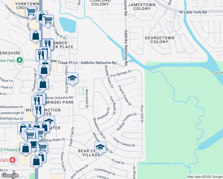 map of restaurants, bars, coffee shops, grocery stores, and more near 15639 Fern Basin Drive in Houston