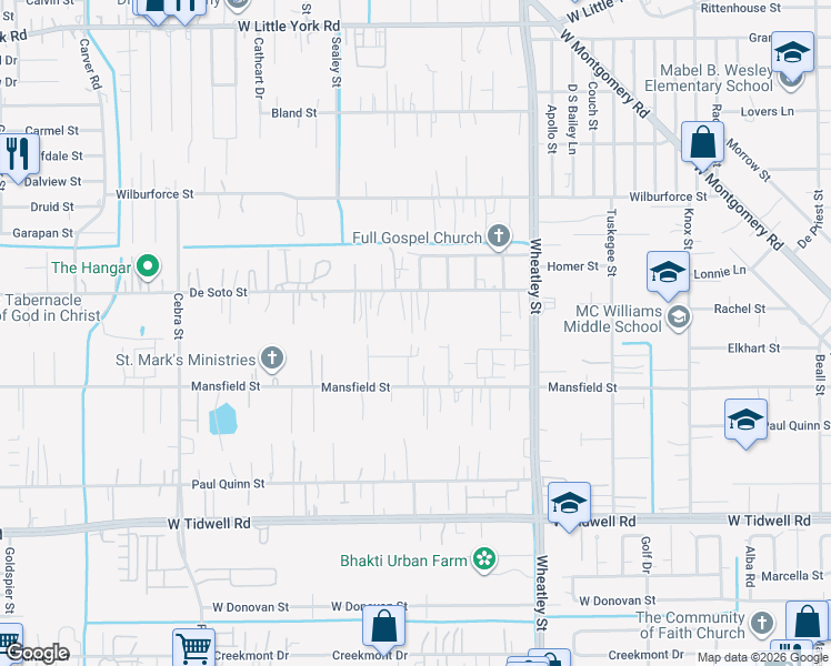 map of restaurants, bars, coffee shops, grocery stores, and more near 6011 Maxroy Street in Houston