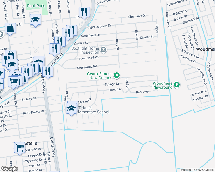 map of restaurants, bars, coffee shops, grocery stores, and more near 2649 Jared Lane in Marrero