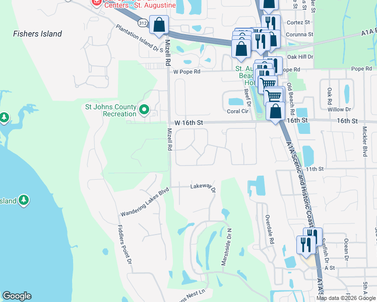 map of restaurants, bars, coffee shops, grocery stores, and more near 1121 Compass Row in St Augustine