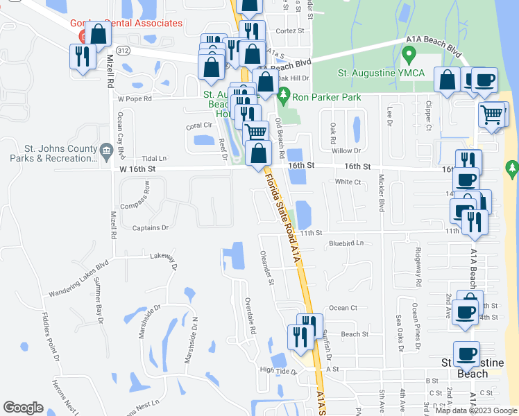 map of restaurants, bars, coffee shops, grocery stores, and more near 161 Cedar Ridge Circle in St. Augustine