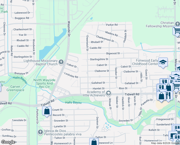 map of restaurants, bars, coffee shops, grocery stores, and more near 8117 Locksley Road in Houston