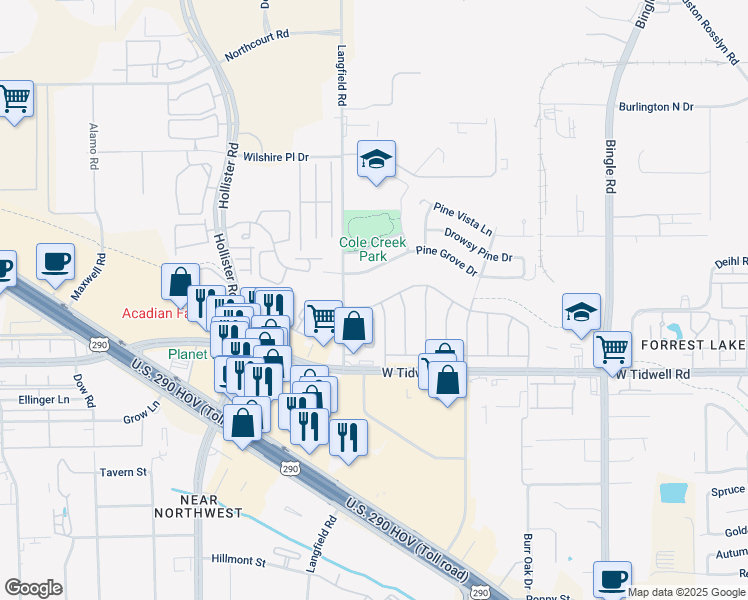 map of restaurants, bars, coffee shops, grocery stores, and more near 7122 Cole Creek Drive in Houston