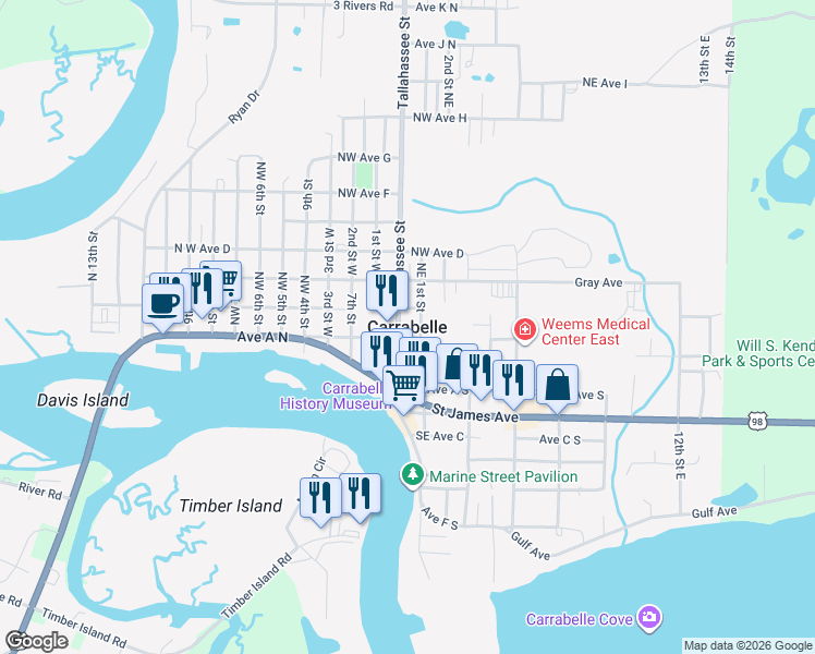 map of restaurants, bars, coffee shops, grocery stores, and more near 202 Tallahassee Street in Carrabelle