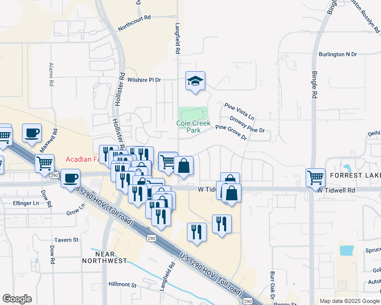 map of restaurants, bars, coffee shops, grocery stores, and more near 7122 Cole Creek Drive in Houston