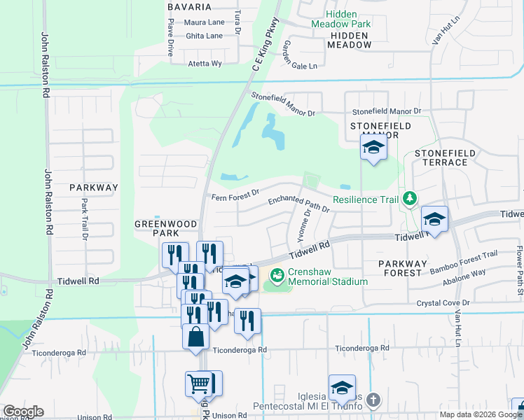 map of restaurants, bars, coffee shops, grocery stores, and more near 12518 Enchanted Path Drive in Houston