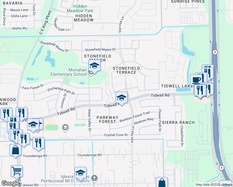 map of restaurants, bars, coffee shops, grocery stores, and more near 12907 Pinehall Lane in Houston