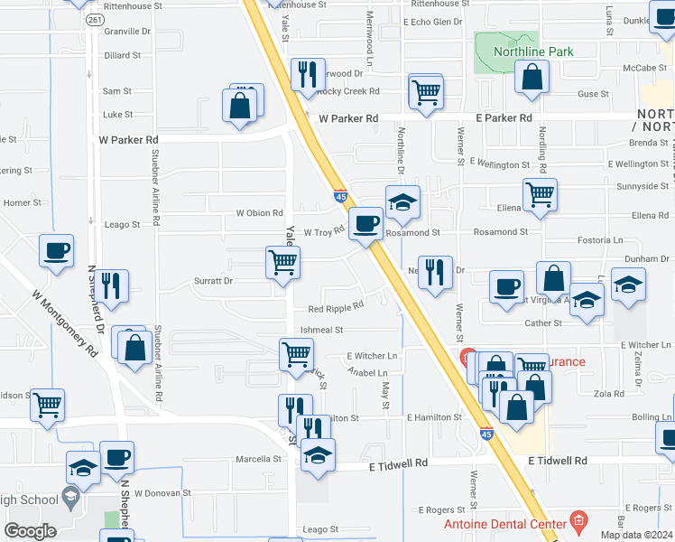 map of restaurants, bars, coffee shops, grocery stores, and more near 214 Floradora Lane in Houston