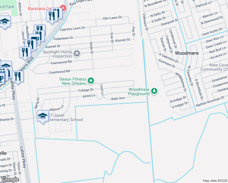 map of restaurants, bars, coffee shops, grocery stores, and more near 2744 Jared Lane in Marrero