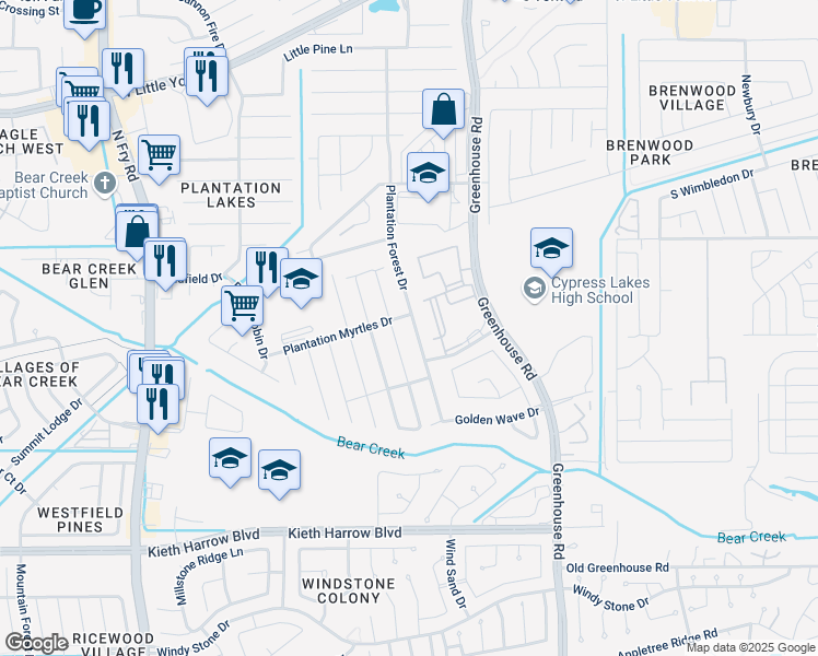 map of restaurants, bars, coffee shops, grocery stores, and more near 20019 Ravenmeadow Lane in Katy