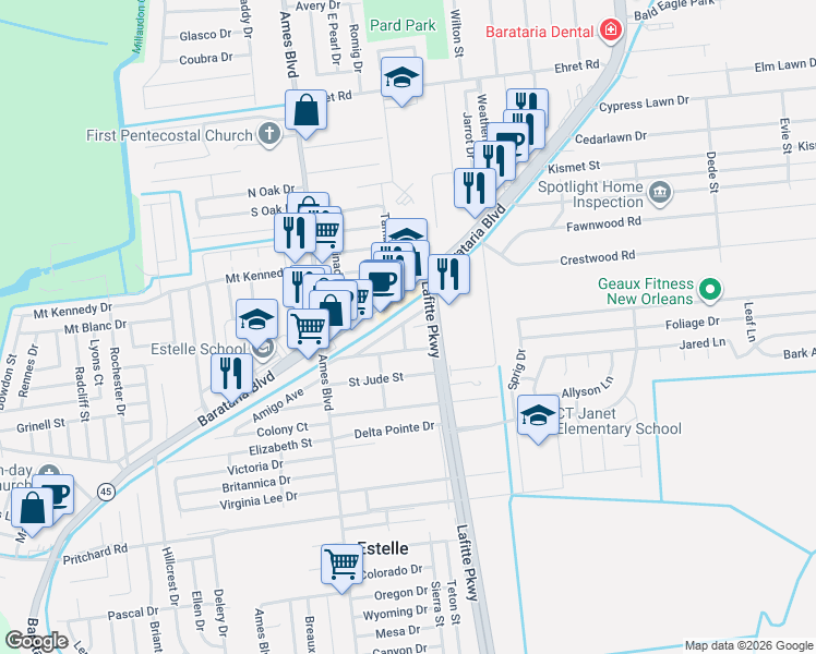 map of restaurants, bars, coffee shops, grocery stores, and more near in Estelle