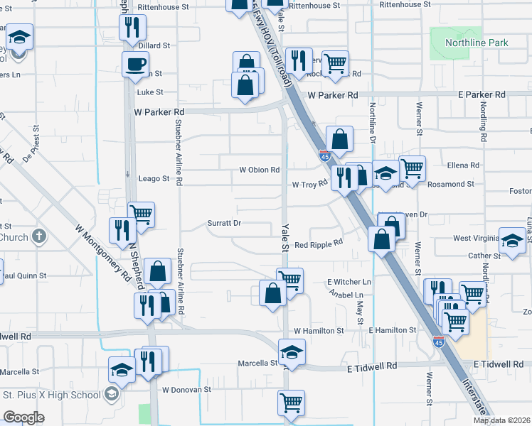 map of restaurants, bars, coffee shops, grocery stores, and more near 322 Surratt Drive in Houston