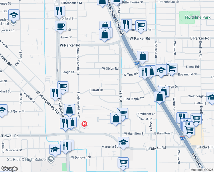 map of restaurants, bars, coffee shops, grocery stores, and more near 322 Surratt Drive in Houston