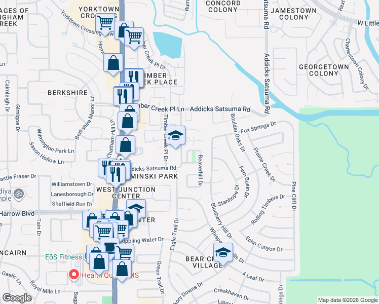 map of restaurants, bars, coffee shops, grocery stores, and more near 5207 Beaverbrook Drive in Houston