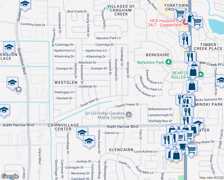 map of restaurants, bars, coffee shops, grocery stores, and more near 5102 Lerwick Drive in Houston