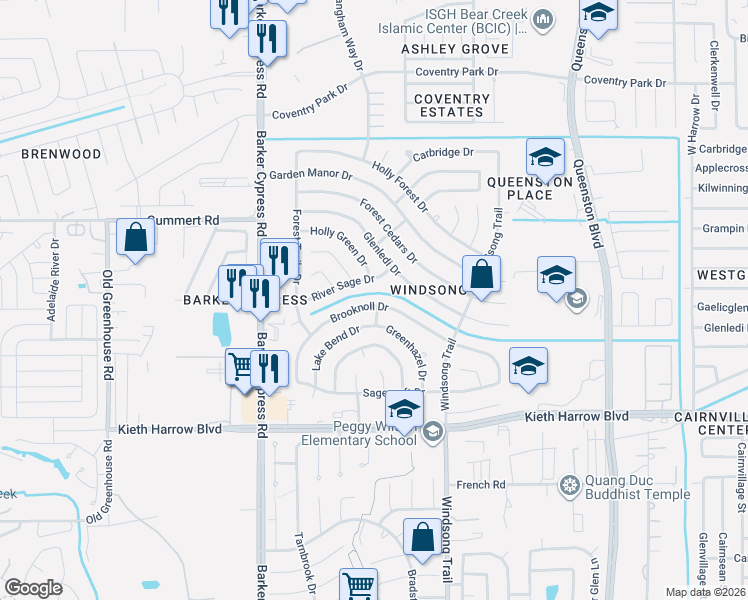 map of restaurants, bars, coffee shops, grocery stores, and more near 18115 Brooknoll Drive in Houston