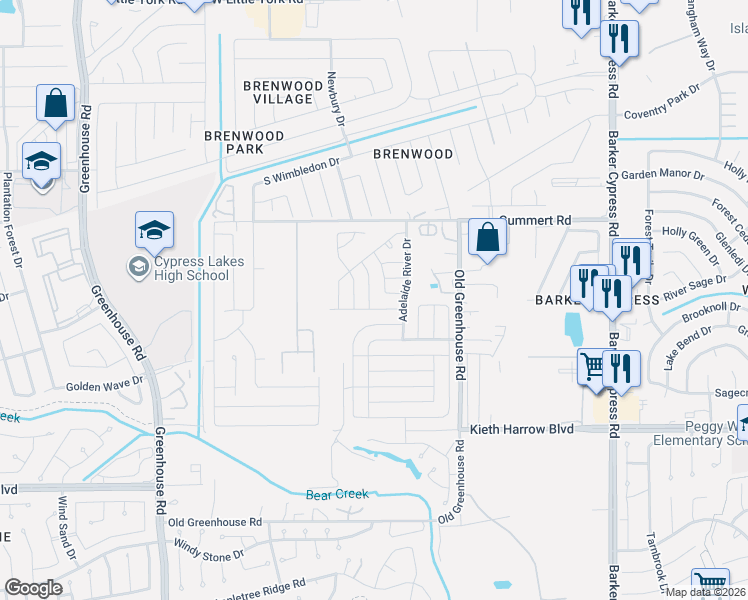 map of restaurants, bars, coffee shops, grocery stores, and more near 5711 Esk River Trail in Katy