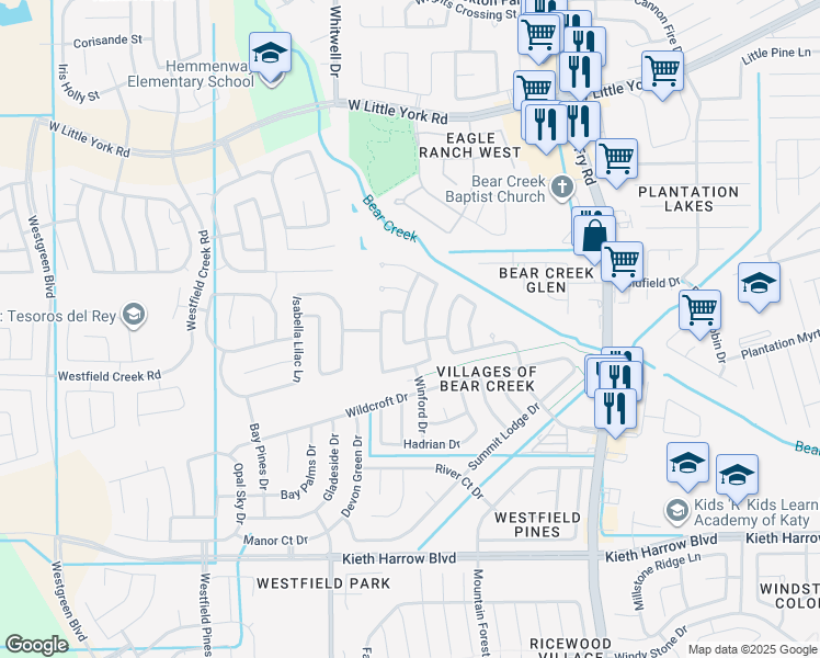 map of restaurants, bars, coffee shops, grocery stores, and more near 5534 Poplar Terrace Lane in Katy