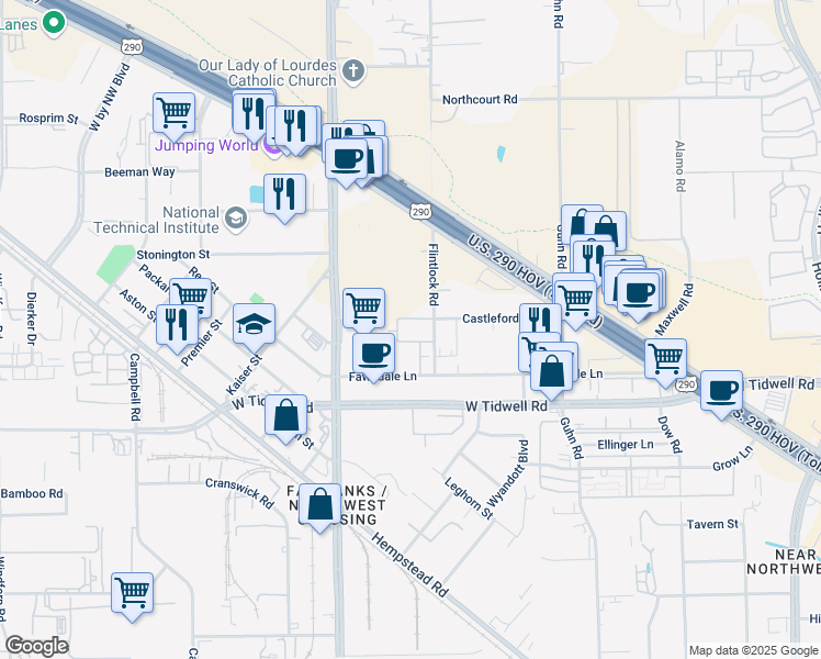 map of restaurants, bars, coffee shops, grocery stores, and more near 5915 Flintlock Road in Houston