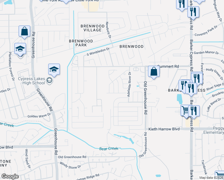 map of restaurants, bars, coffee shops, grocery stores, and more near 5711 Esk River Trail in Katy