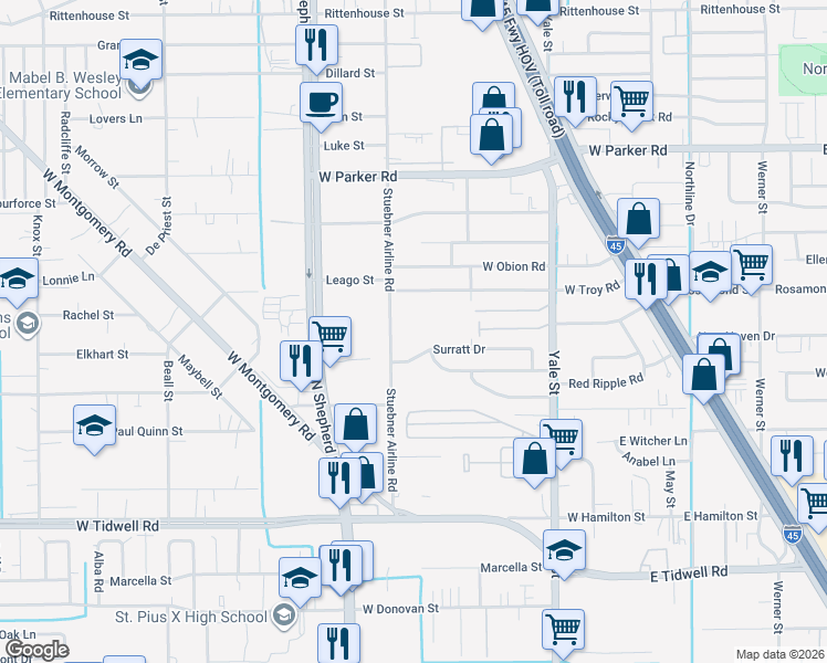 map of restaurants, bars, coffee shops, grocery stores, and more near 526 Surratt Drive in Houston