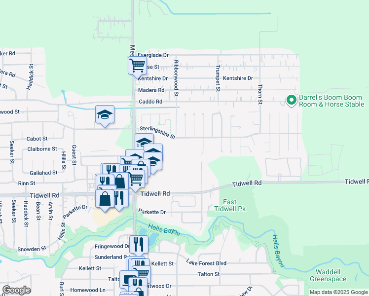 map of restaurants, bars, coffee shops, grocery stores, and more near 9002 Sterlingshire Street in Houston