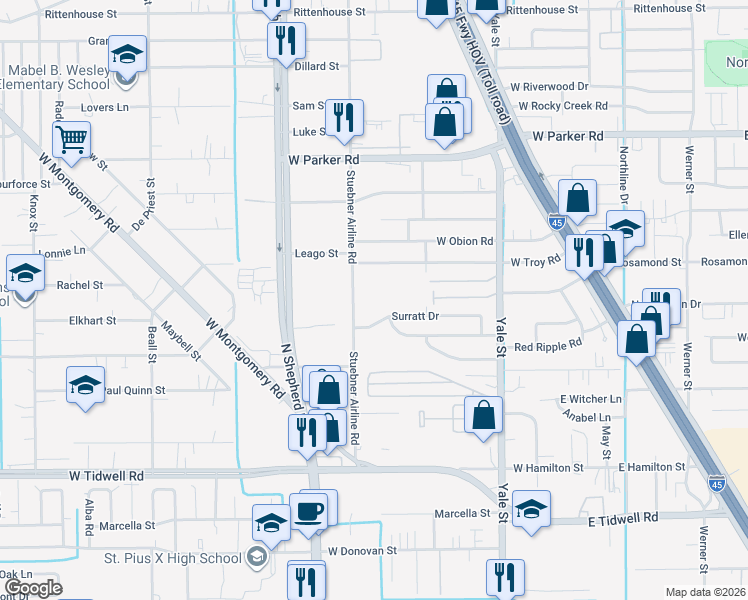 map of restaurants, bars, coffee shops, grocery stores, and more near 526 Surratt Drive in Houston