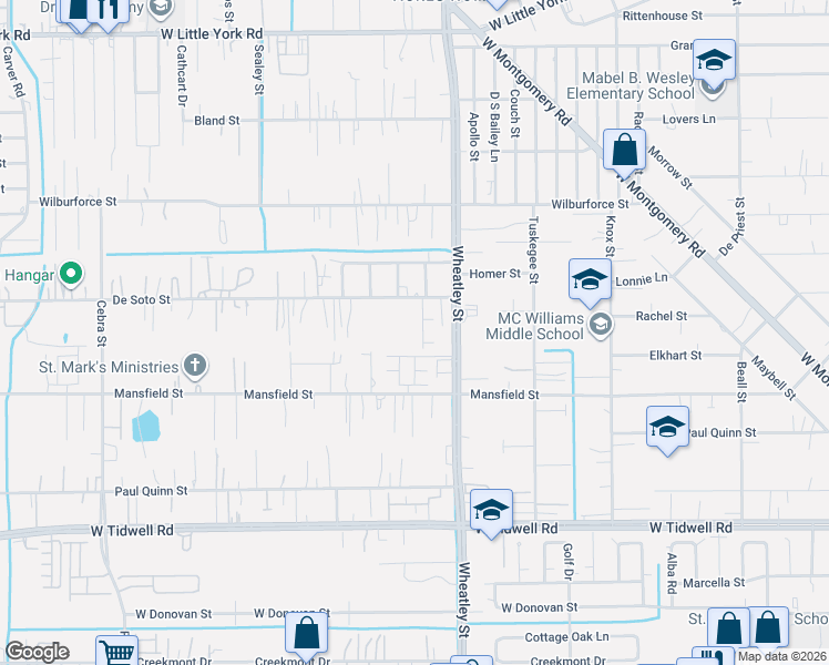 map of restaurants, bars, coffee shops, grocery stores, and more near 6005 Wheatley Street in Houston