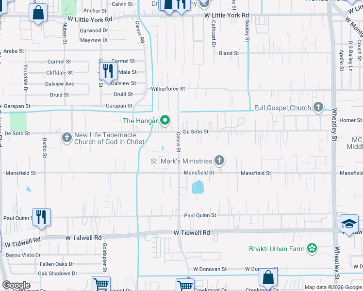 map of restaurants, bars, coffee shops, grocery stores, and more near 5922 Cebra Street in Houston