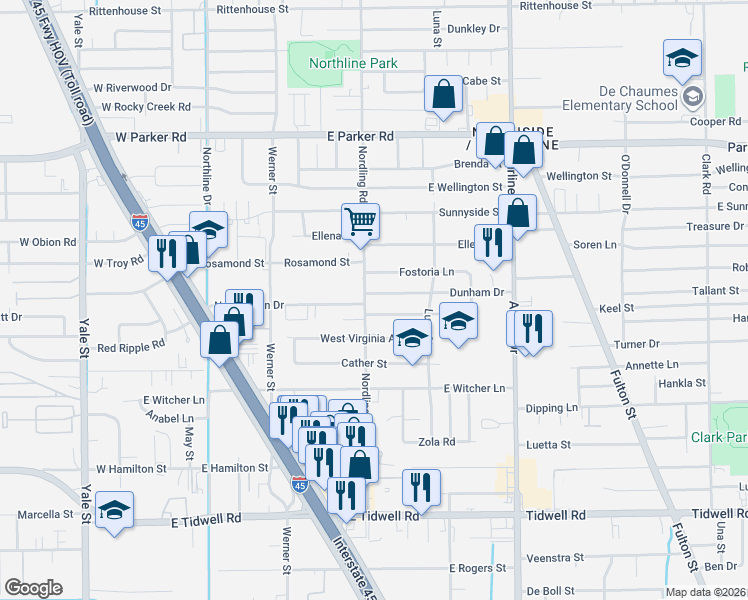 map of restaurants, bars, coffee shops, grocery stores, and more near 6023 Nordling Road in Houston