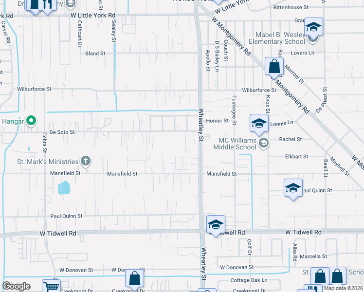 map of restaurants, bars, coffee shops, grocery stores, and more near 6005 Wheatley Street in Houston