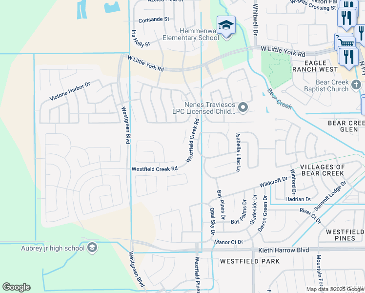 map of restaurants, bars, coffee shops, grocery stores, and more near 5202 Jasmine Valley Court in Katy