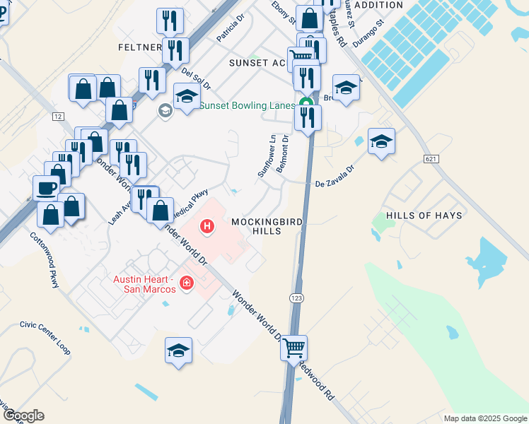 map of restaurants, bars, coffee shops, grocery stores, and more near 1613 Mockingbird Drive in San Marcos