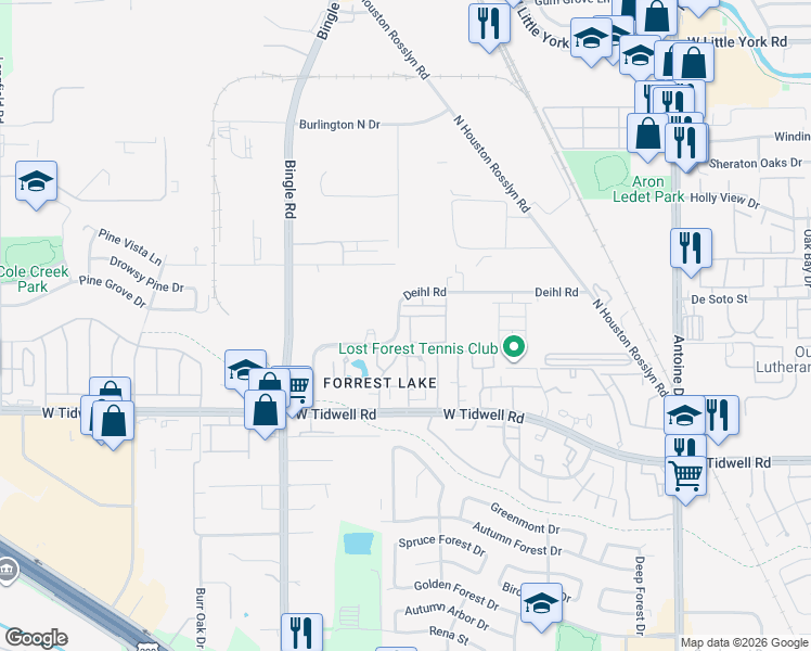map of restaurants, bars, coffee shops, grocery stores, and more near 4 Lumberdale Road in Houston
