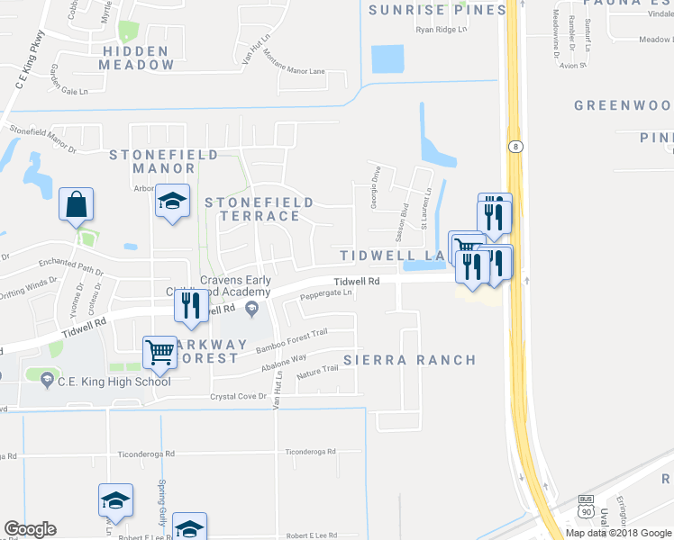 map of restaurants, bars, coffee shops, grocery stores, and more near 13146 Cutler Ridge Lane in Houston