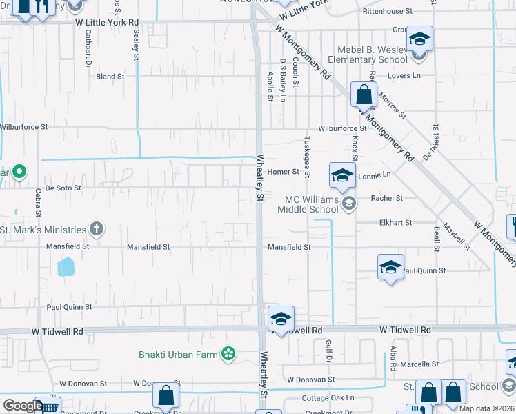 map of restaurants, bars, coffee shops, grocery stores, and more near Wheatley Street in Houston