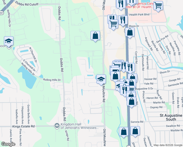map of restaurants, bars, coffee shops, grocery stores, and more near 405 South Hidden Tree Drive in St. Augustine