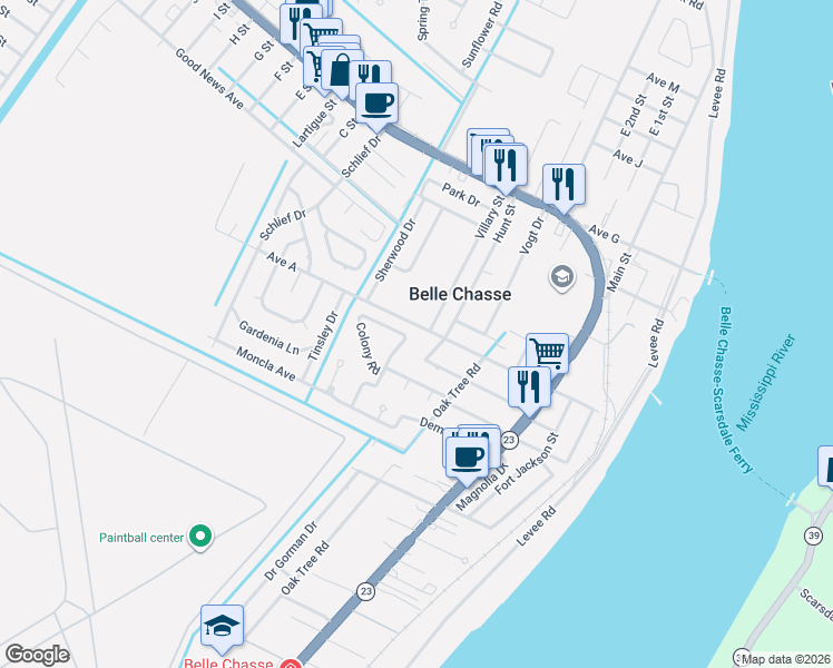 map of restaurants, bars, coffee shops, grocery stores, and more near 138 Colony Road in Belle Chasse
