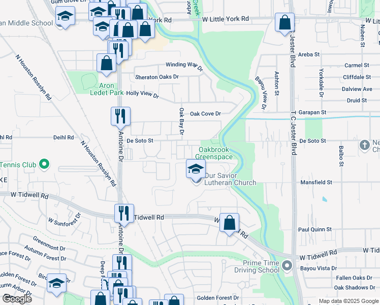 map of restaurants, bars, coffee shops, grocery stores, and more near 5389 De Soto Street in Houston