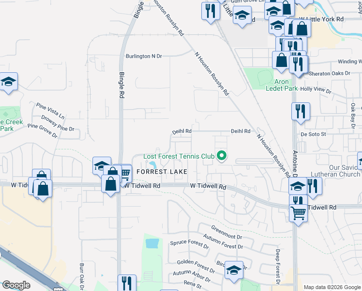 map of restaurants, bars, coffee shops, grocery stores, and more near 6455 Deihl Road in Houston