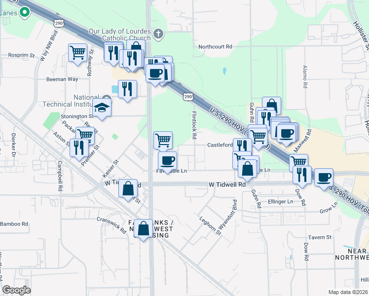 map of restaurants, bars, coffee shops, grocery stores, and more near 5915 Flintlock Road in Houston