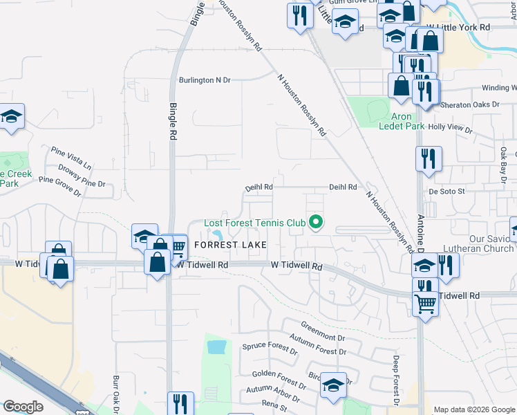 map of restaurants, bars, coffee shops, grocery stores, and more near 6455 Deihl Road in Houston