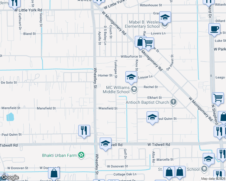 map of restaurants, bars, coffee shops, grocery stores, and more near 5941 Tuskegee Street in Houston