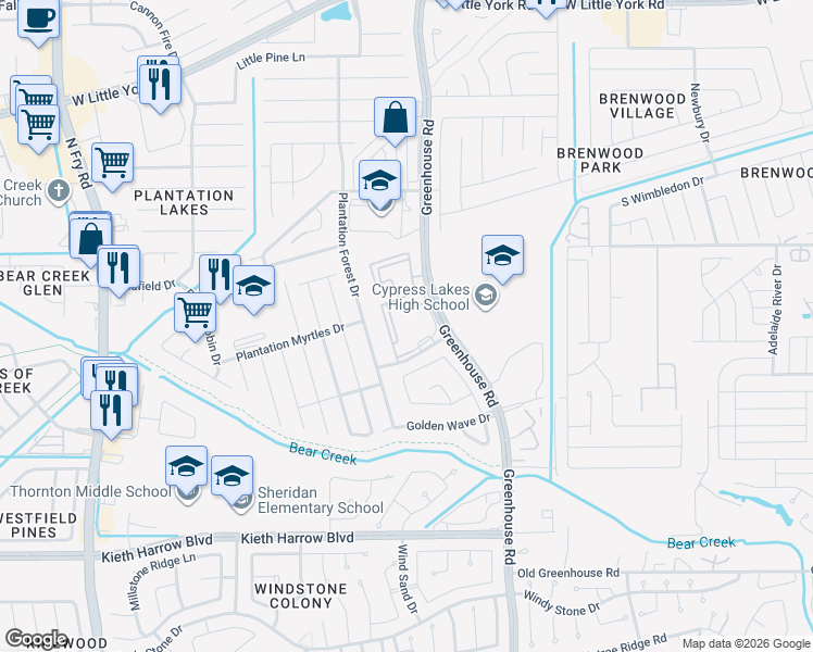 map of restaurants, bars, coffee shops, grocery stores, and more near 19110 Macallan Lane in Katy