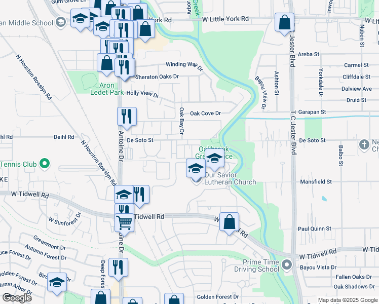 map of restaurants, bars, coffee shops, grocery stores, and more near 5389 De Soto Street in Houston