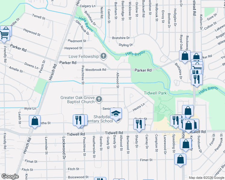 map of restaurants, bars, coffee shops, grocery stores, and more near 5914 Mayle Street in Houston